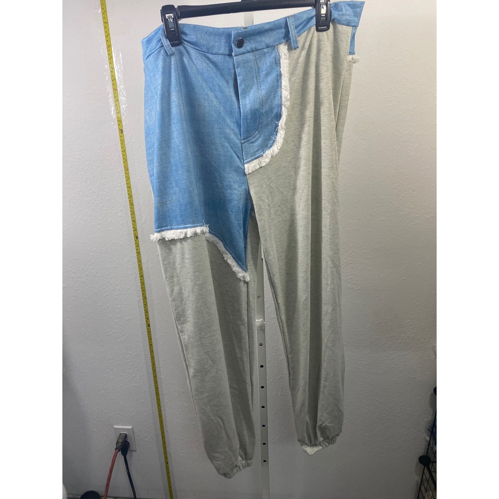 Unbranded Denim Hybrid Joggers Grey Heather Light Wash Frayed Mixed Media Pants